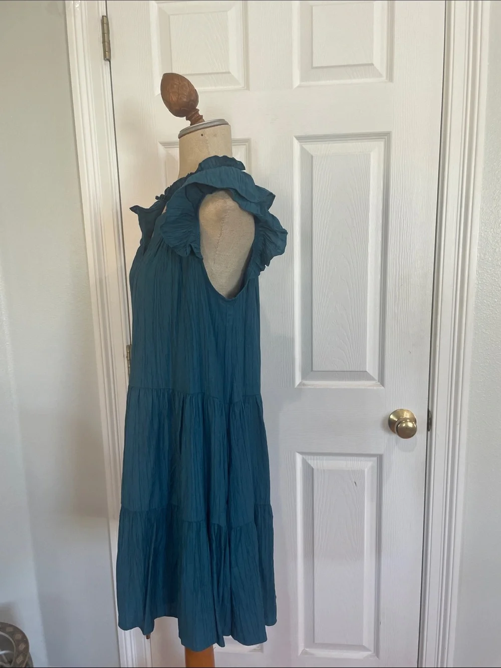 Moodie Teal Button-Front Tiered dress ruffles flutter sleeves women’s size M - Picture 9 of 14
